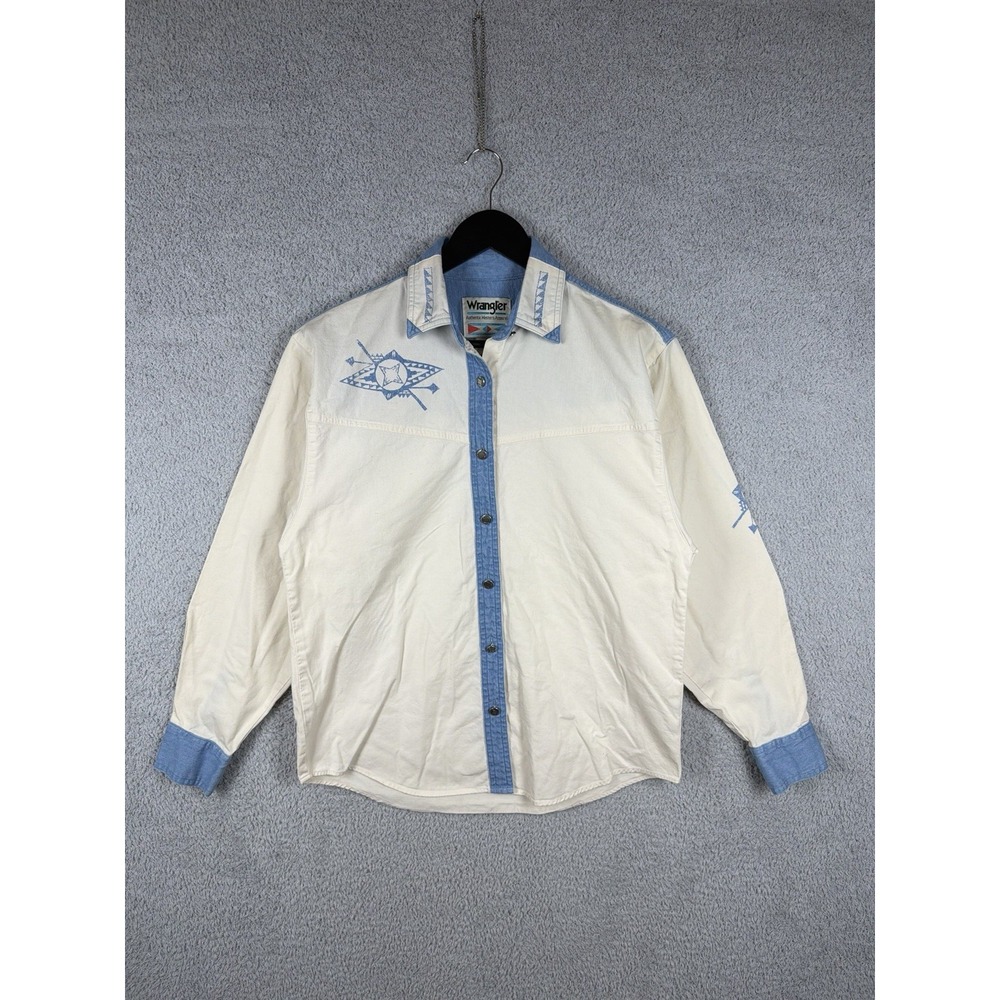 Vintage 90's Wrangler Womens Sz M Western Snap Shirt Southwestern Y2K White/Blue